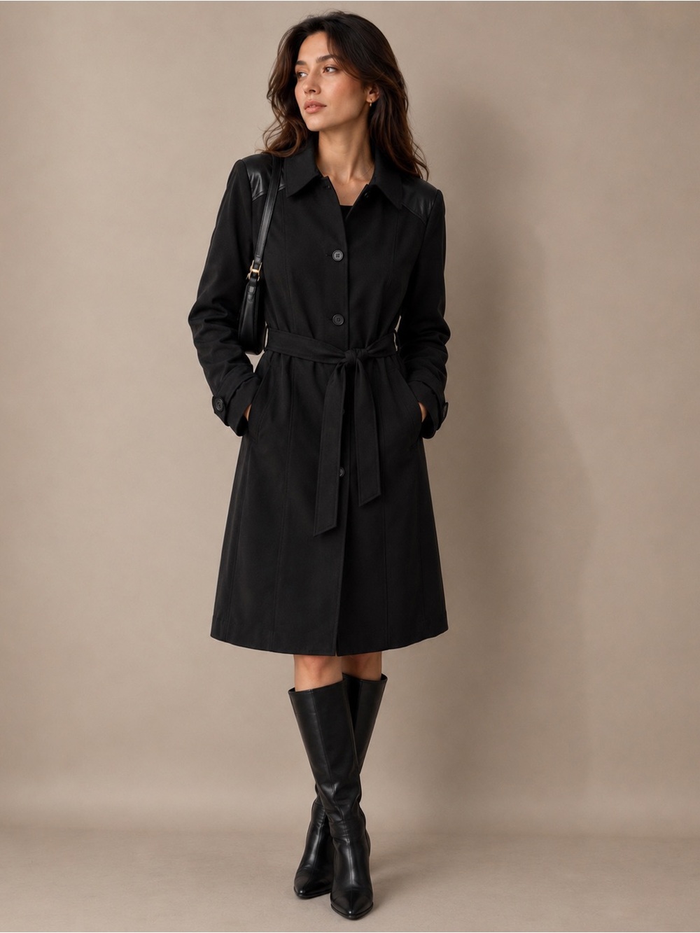 Marc New York Andrew Marc Black Belted Leather Trim Trench Coat‎ Women’s M